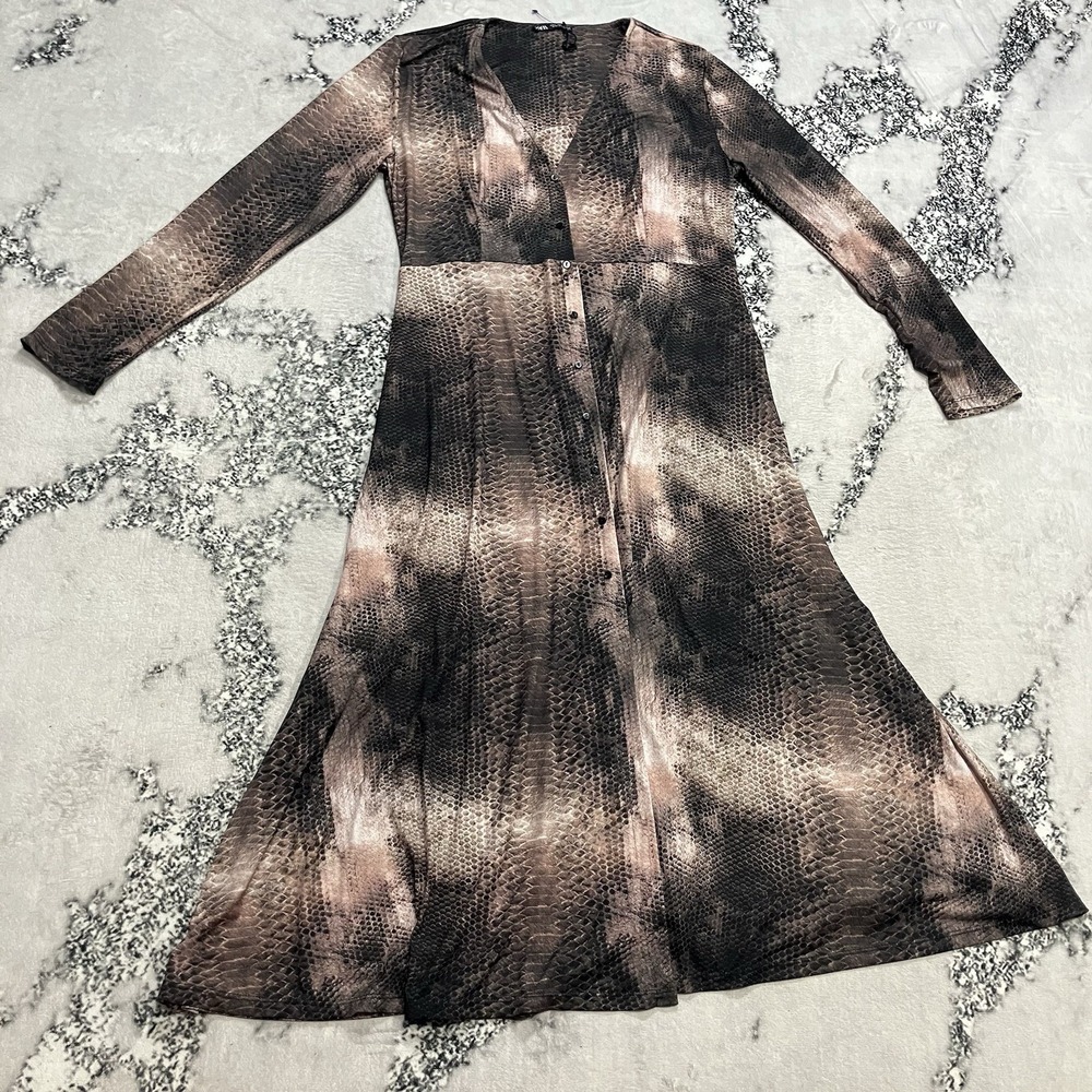 Zara Snakeskin Print Midi Dress Womens L Brown Long Sleeve Button Front